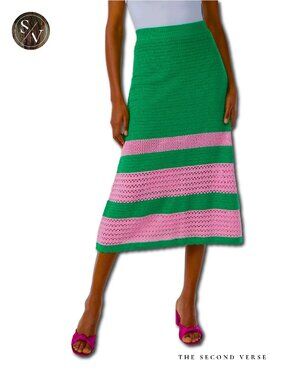 Scoop Crochet Green & Pink Knit Midi Skirt Spring Cotton Blend Large 12-14